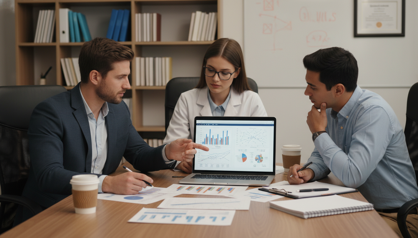 Psychiatry research team collaborating over data and charts Psychiatry research team collaborating over data and charts - psychiatry residency for Research Profile Building in Psychiatr