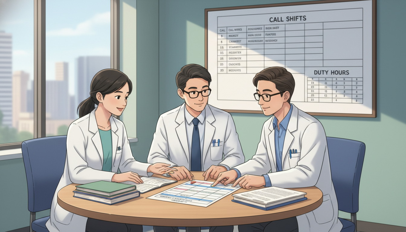 Psychiatry residents discussing patient care and schedules in team room Psychiatry residents discussing patient care and schedules in team room - psychiatry residency for Managing Residency Work Ho