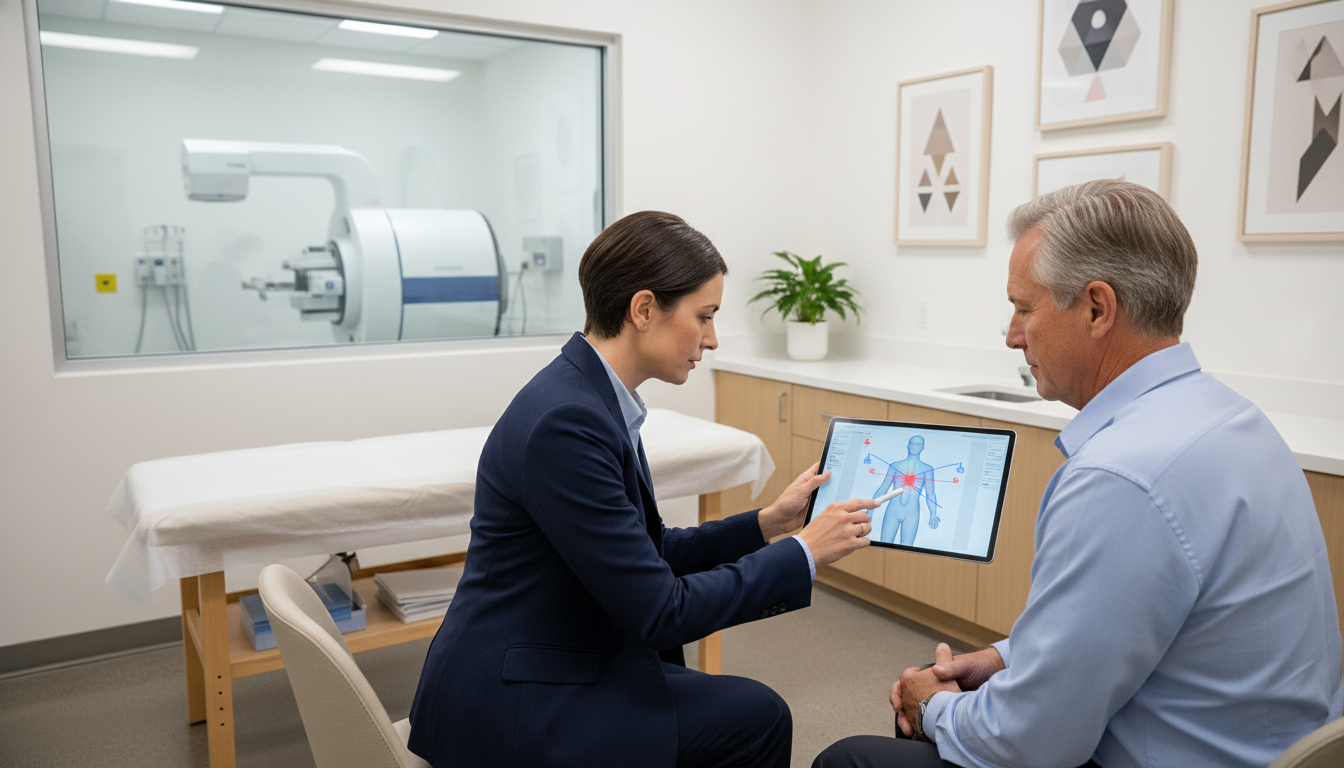 Radiation oncologist consulting with patient in private practice Radiation oncologist consulting with patient in private practice - radiation oncology residency for Academic vs Private Pract