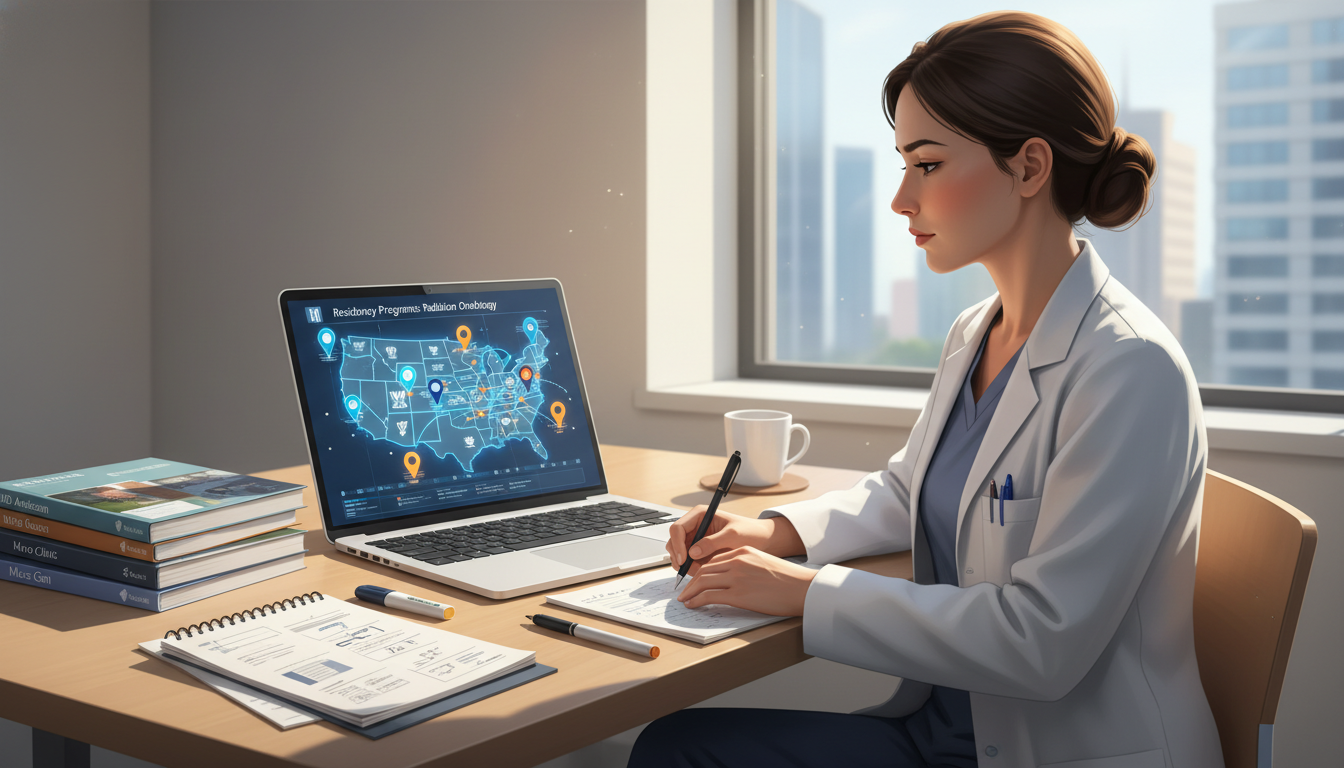 Medical student choosing residency programs on a laptop - radiation oncology residency for Away Rotation Strategy in Radiatio