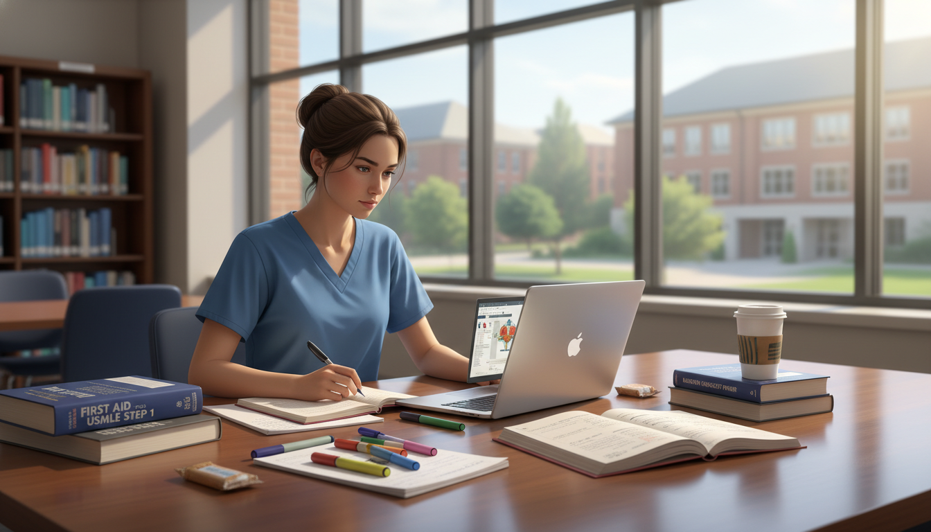Medical student studying for Step 2 CK with laptop and textbooks in a quiet library - radiation oncology residency for Low St