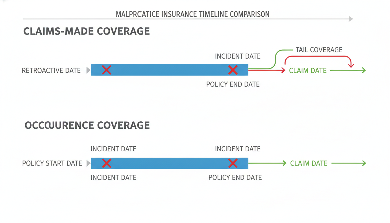 Illustration of claims-made versus occurrence malpractice coverage timelines Illustration of claims-made versus occurrence malpractice coverage timelines - radiation oncology residency for Malpractice I
