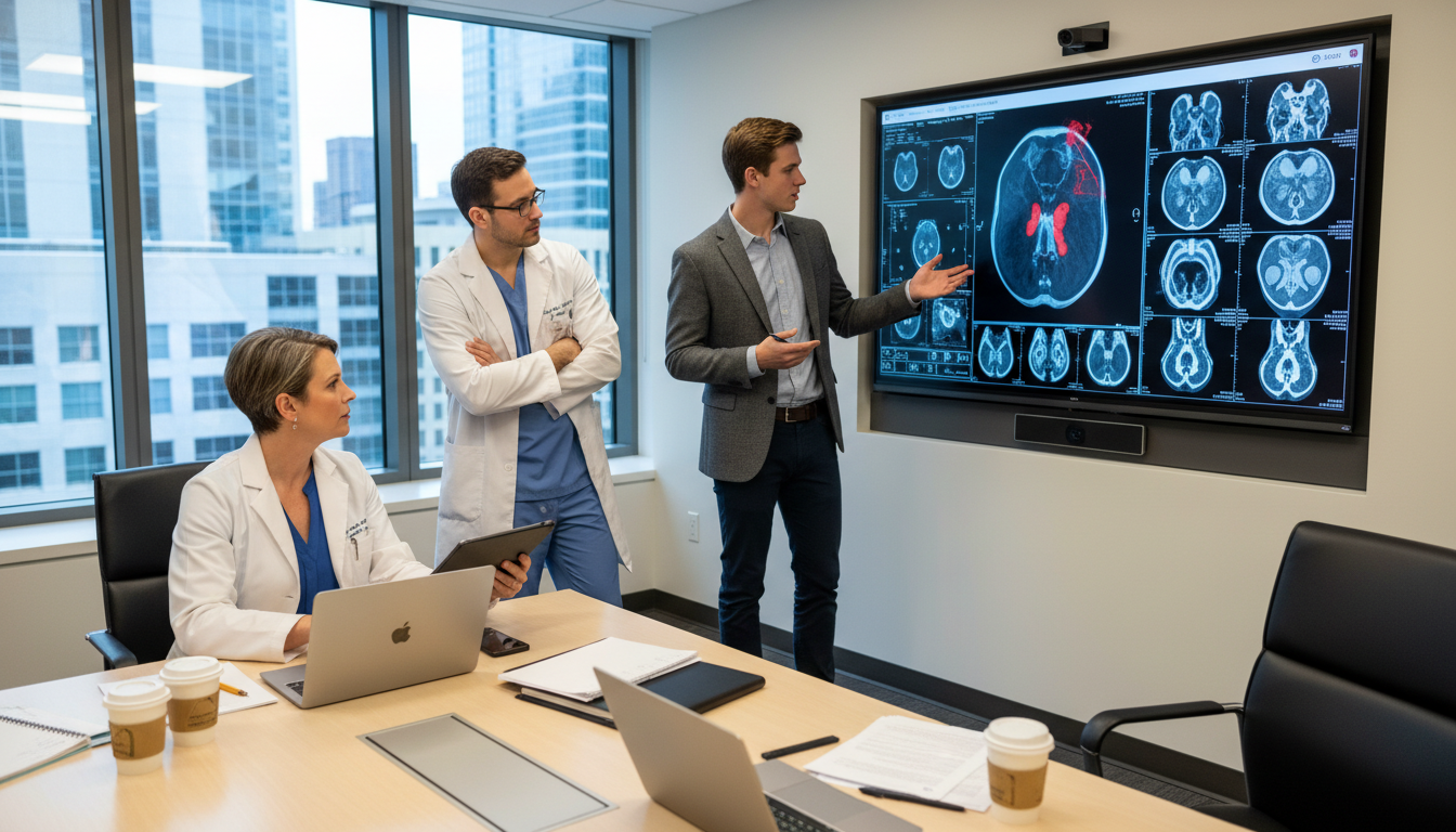 Medical student networking with radiation oncology faculty in a hospital conference room Medical student networking with radiation oncology faculty in a hospital conference room - radiation oncology residency for M