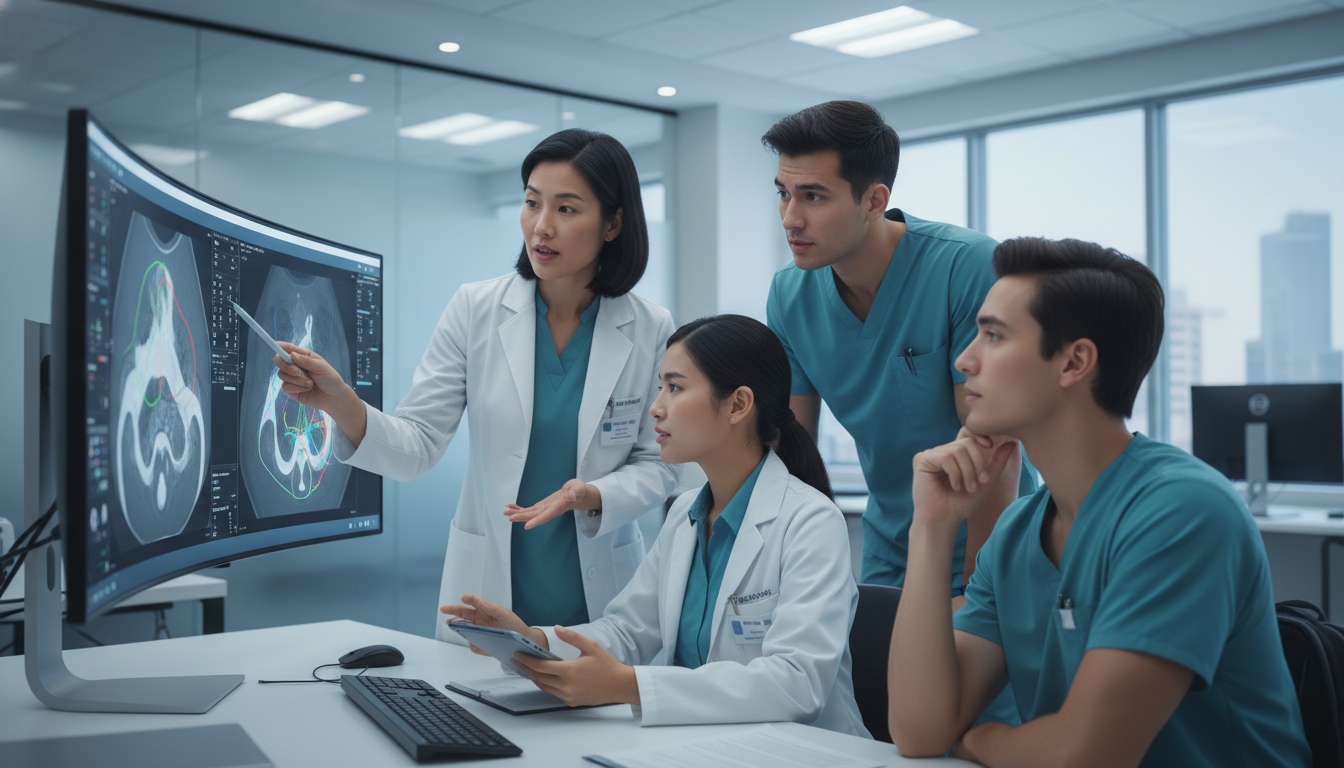 Radiation oncology attending teaching residents and students at a contouring workstation - radiation oncology residency for N