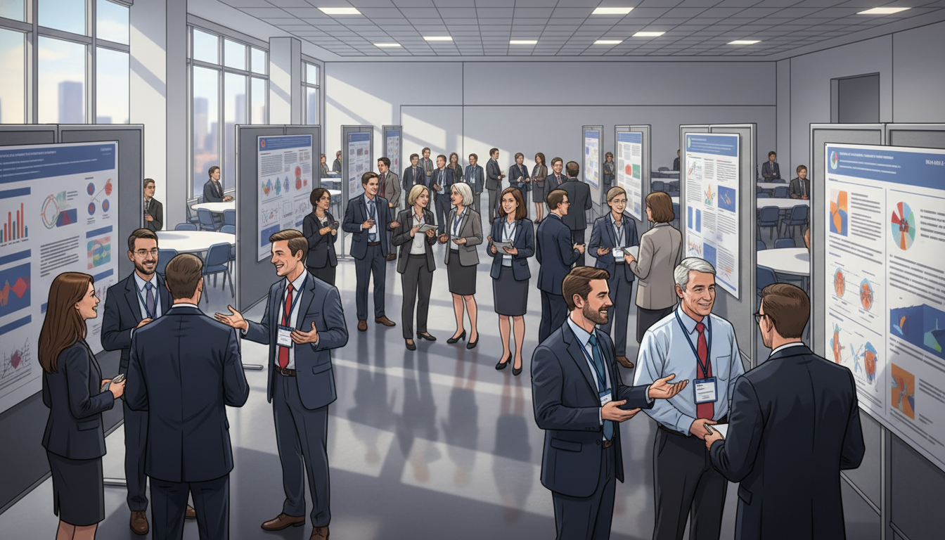 Radiation oncology professionals networking in a conference poster hall - radiation oncology residency for Networking in Medi