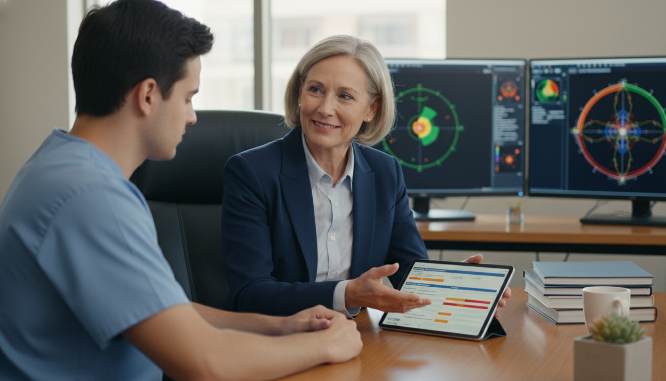 Radiation oncology resident and mentor discussing professionalism and career trajectory Radiation oncology resident and mentor discussing professionalism and career trajectory - radiation oncology residency for Ad