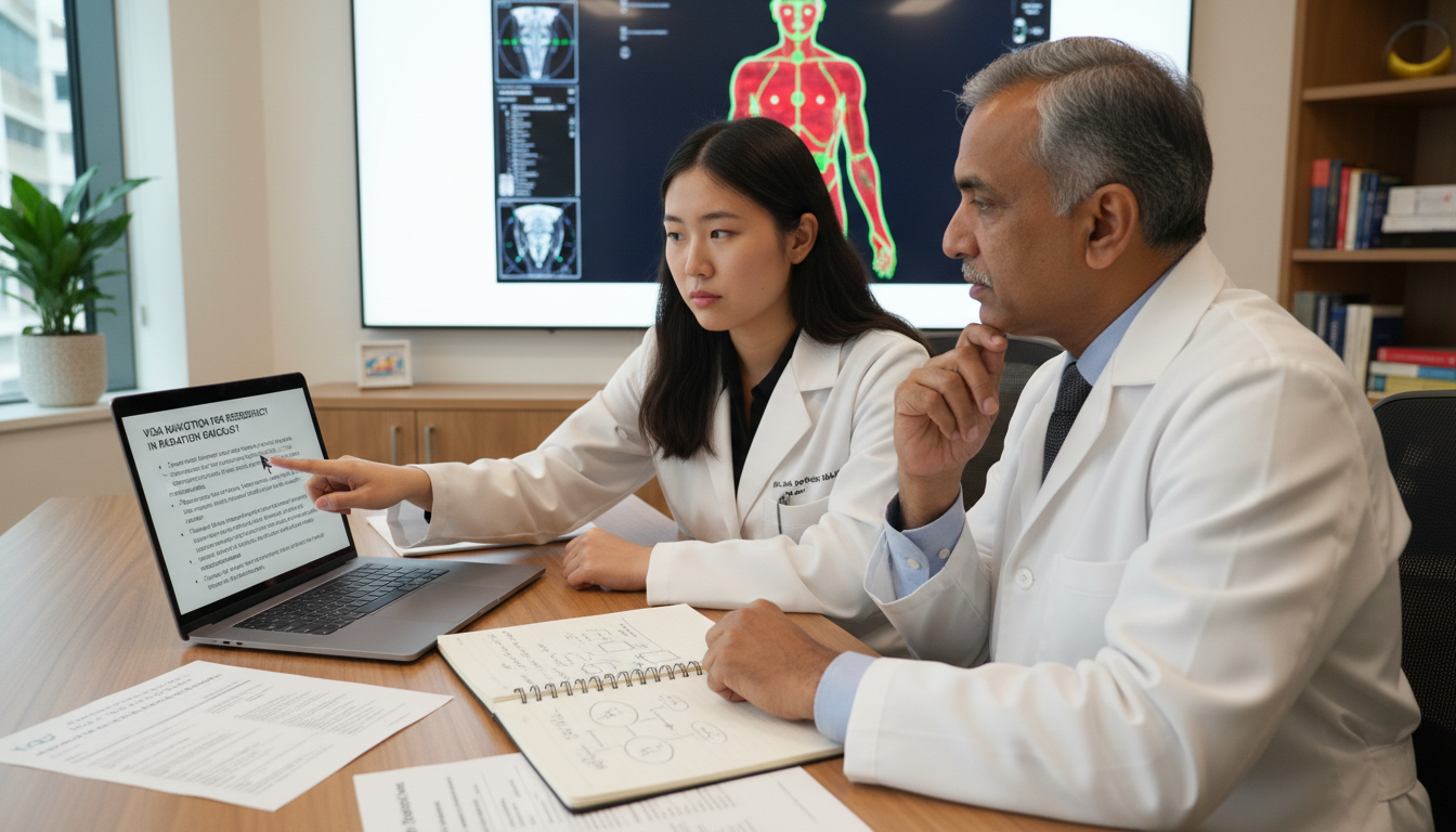 Radiation oncology resident discussing long-term visa and career planning with mentor - radiation oncology residency for Visa