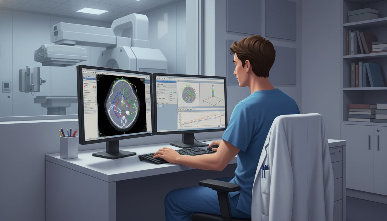 Radiation oncology resident working on a treatment plan at a computer workstation Radiation oncology resident working on a treatment plan at a computer workstation - radiation oncology residency for Managing