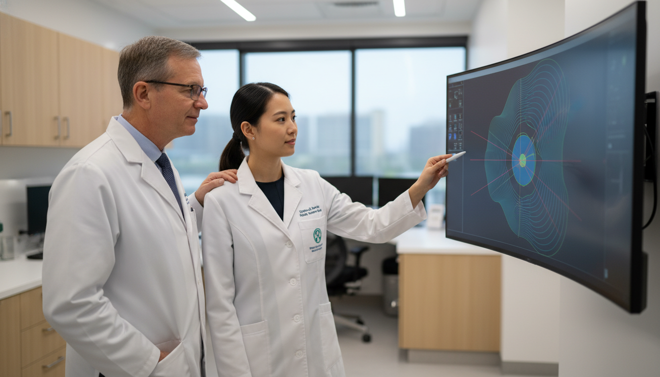 Radiation oncology resident discussing treatment with attending in a modern clinic Radiation oncology resident discussing treatment with attending in a modern clinic - radiation oncology residency for Work-Li