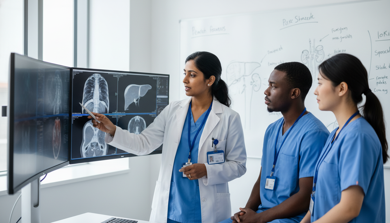 Radiologist teaching residents in an academic reading room Radiologist teaching residents in an academic reading room - radiology residency for Academic vs Private Practice in Diagnost