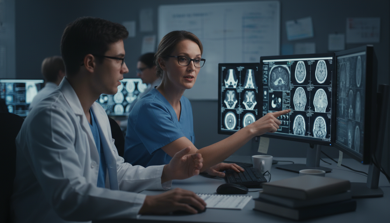 Radiology attending teaching a medical student at a PACS workstation Radiology attending teaching a medical student at a PACS workstation - radiology residency for Away Rotation Strategy in Diag