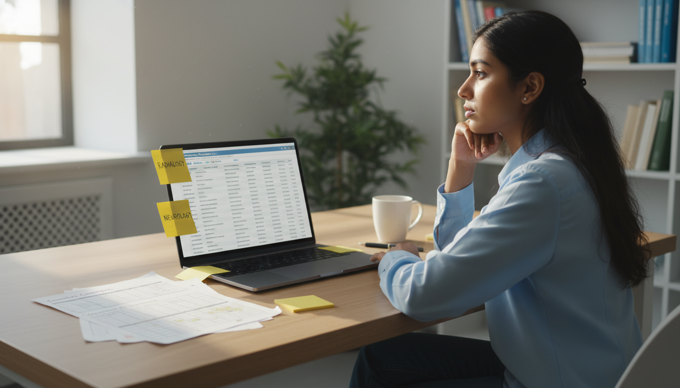Medical student comparing potential residency specialties on paper and laptop Medical student comparing potential residency specialties on paper and laptop - radiology residency for Backup Specialty Plan