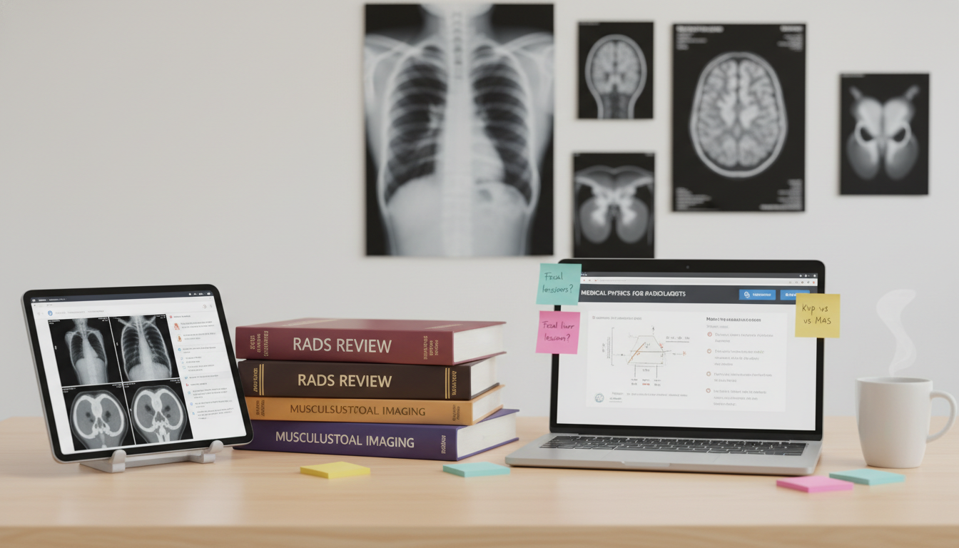 Collection of radiology board preparation resources on a desk Collection of radiology board preparation resources on a desk - radiology residency for Board Exam Study Resources in Diagnos