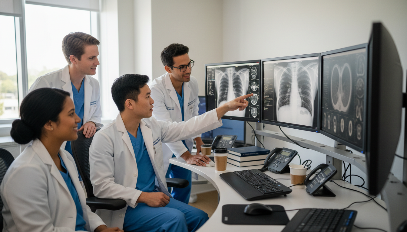 Radiology residents collaborating in a reading room - radiology residency for Residency Burnout Prevention in Diagnostic Radi