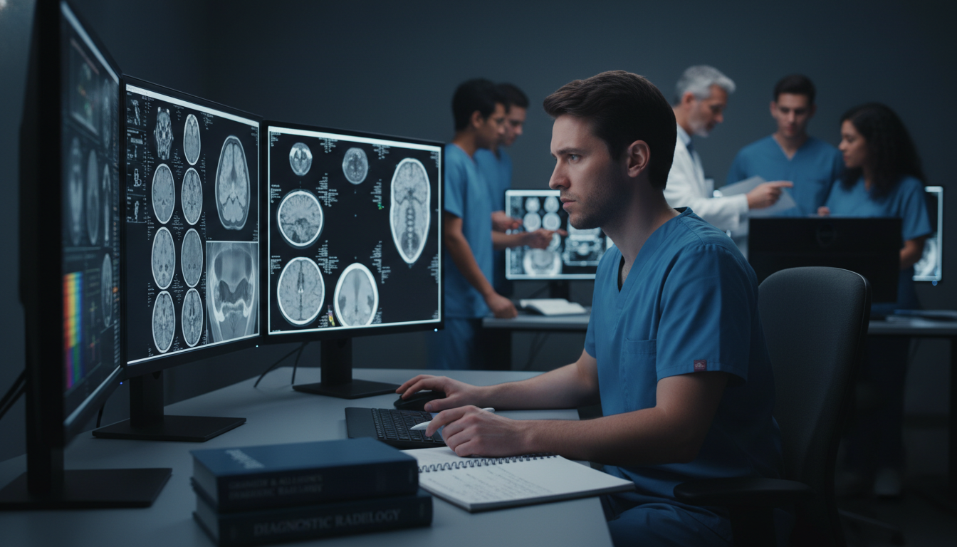 Radiology resident interpreting imaging studies at a workstation Radiology resident interpreting imaging studies at a workstation - radiology residency for Choosing a Medical Specialty in Di
