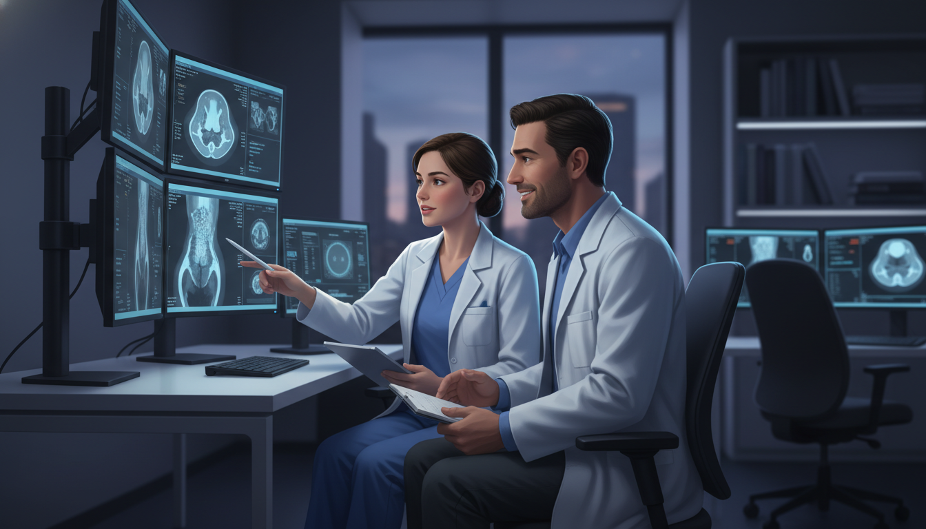 Medical student engaging with radiologist in a darkened reading room Medical student engaging with radiologist in a darkened reading room - radiology residency for Excelling in Clinical Rotation