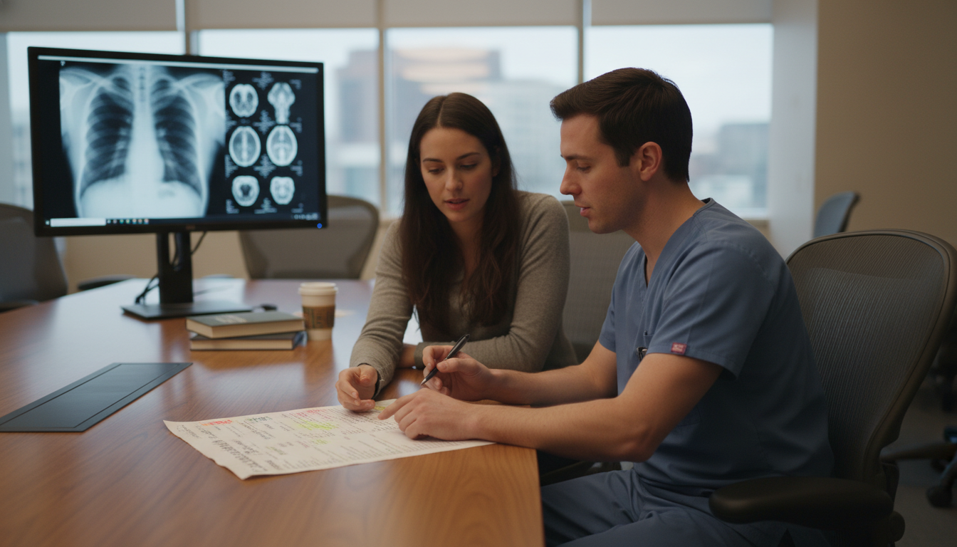 Medical student and radiology resident collaborating on CV content Medical student and radiology resident collaborating on CV content - radiology residency for CV Building in Diagnostic Radiol