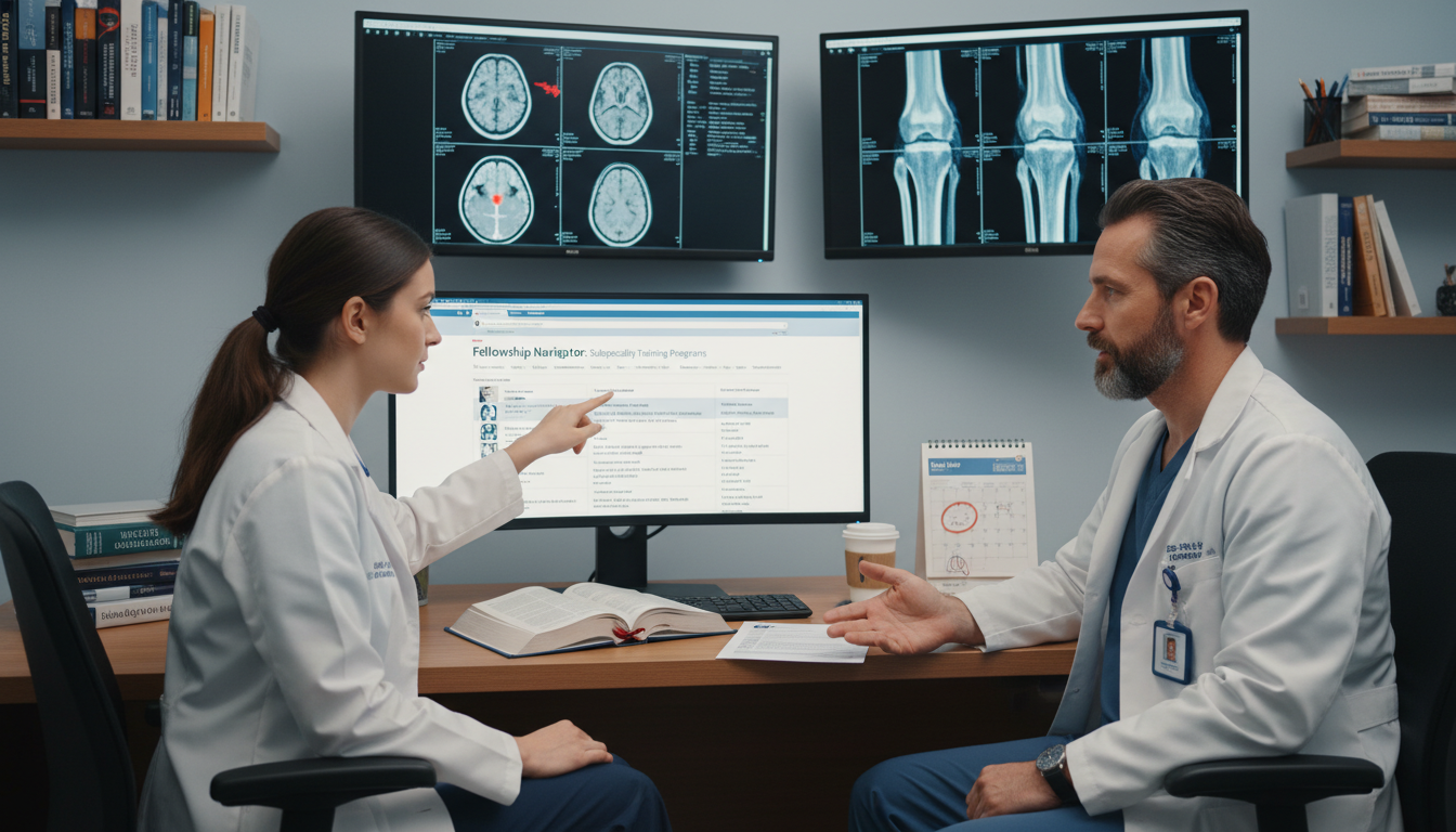 Radiology resident discussing subspecialty fellowship options with mentor Radiology resident discussing subspecialty fellowship options with mentor - radiology residency for Fellowship Preparation in