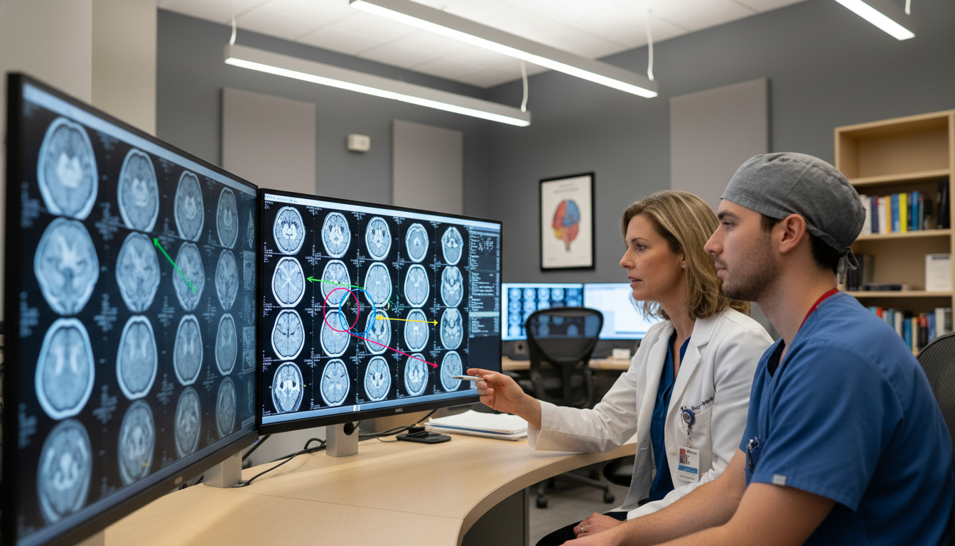 Radiology fellow reviewing MRI scans with attending Radiology fellow reviewing MRI scans with attending - radiology residency for Evaluating Fellowship Programs in Diagnostic Ra