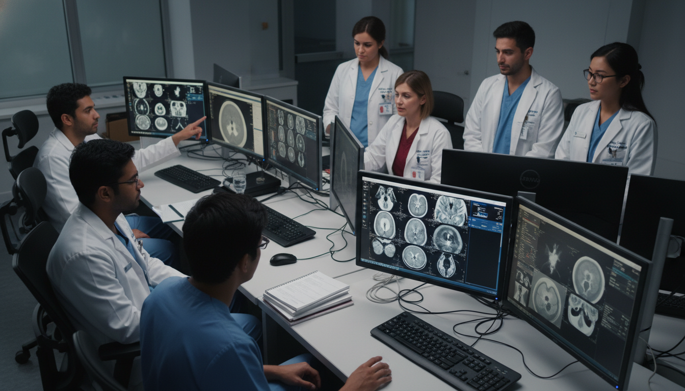 Diagnostic radiology residents reviewing CT and MRI scans in an academic reading room Diagnostic radiology residents reviewing CT and MRI scans in an academic reading room - radiology residency for H-1B Sponsors