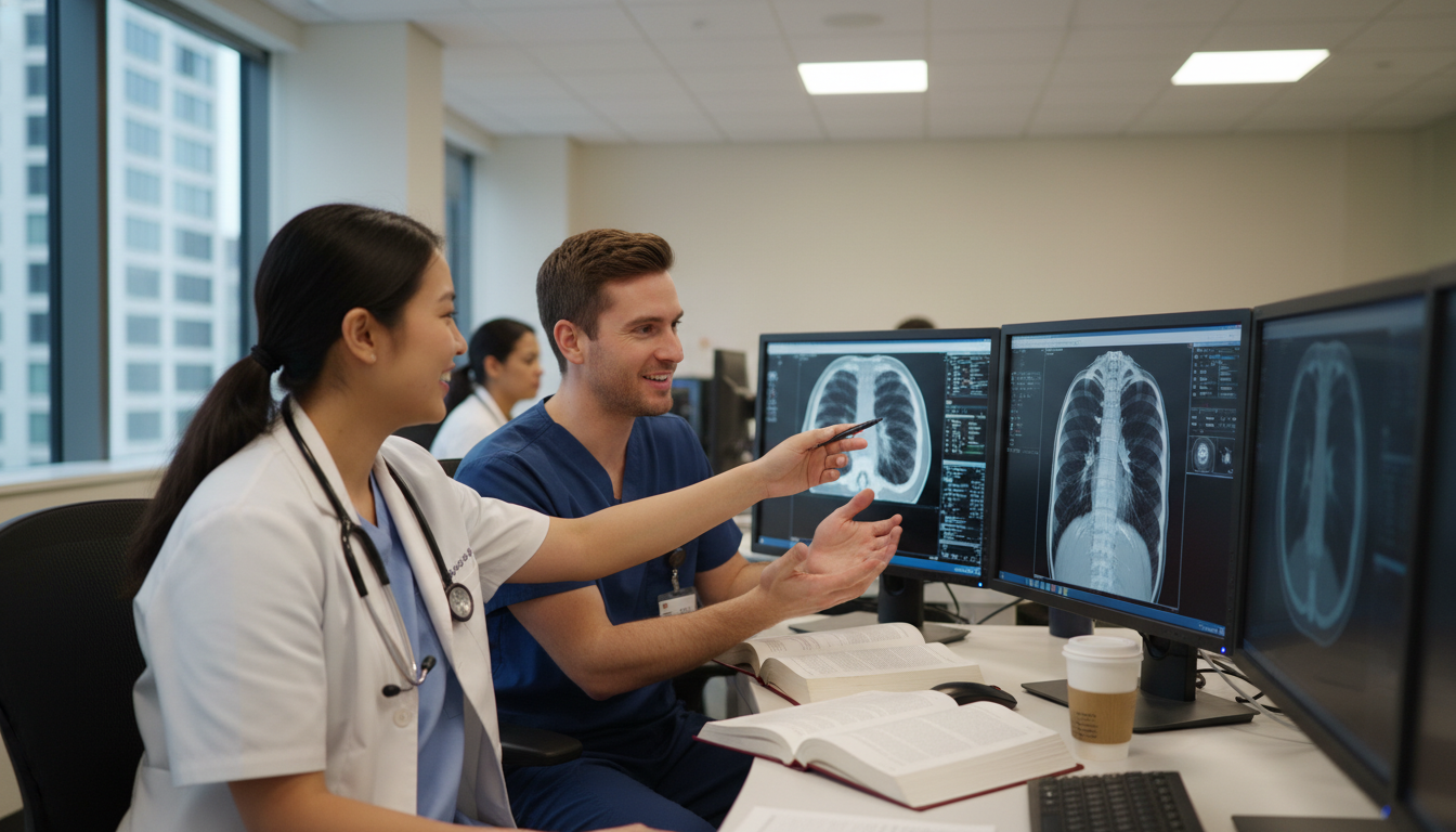 Medical student working closely with a radiology attending at a PACS workstation Medical student working closely with a radiology attending at a PACS workstation - radiology residency for Letters of Recomme