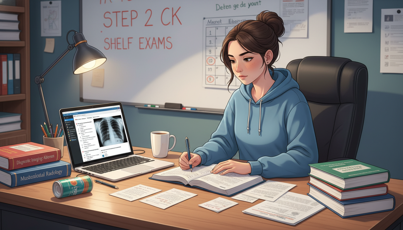 Medical student studying for board exams with radiology textbooks and question bank Medical student studying for board exams with radiology textbooks and question bank - radiology residency for Low Step Score