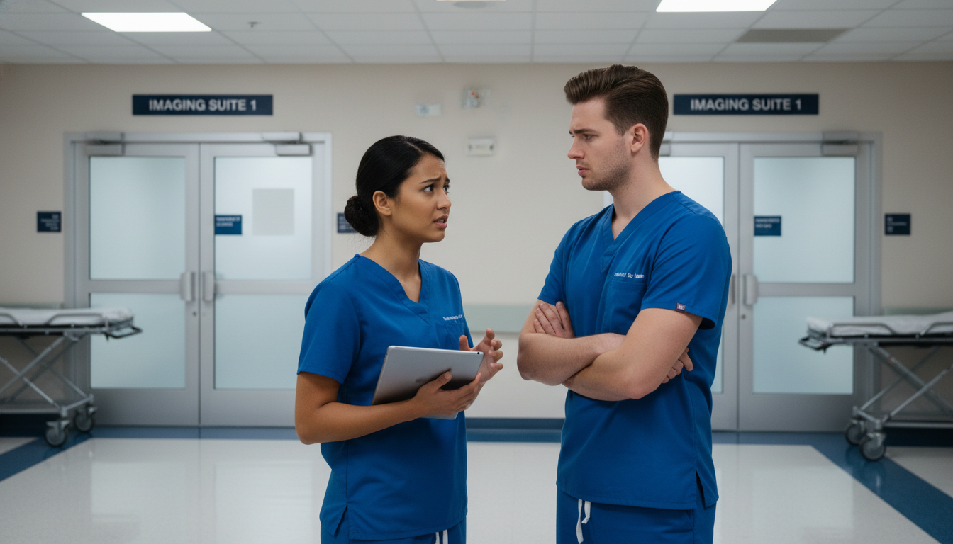 Radiology residents discussing concerns in a quiet hospital corridor Radiology residents discussing concerns in a quiet hospital corridor - radiology residency for Identifying Malignant Programs