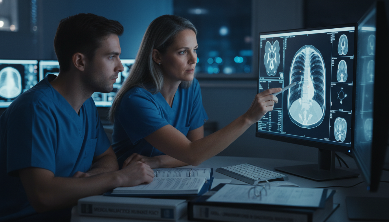 Radiology resident and attending reviewing imaging and discussing risk management Radiology resident and attending reviewing imaging and discussing risk management - radiology residency for Malpractice Insur