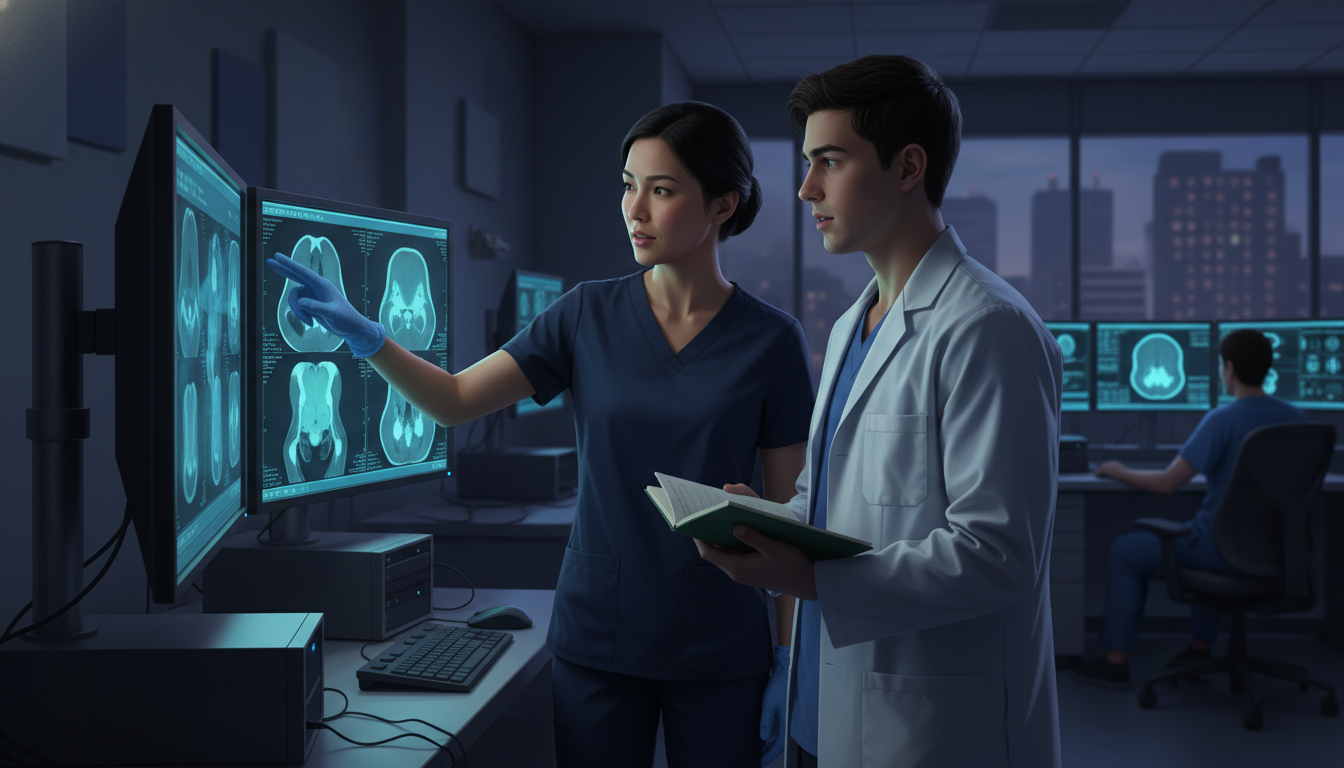 Radiology reading room with attending teaching a medical student Radiology reading room with attending teaching a medical student - radiology residency for Medical Shadowing Experience in Di