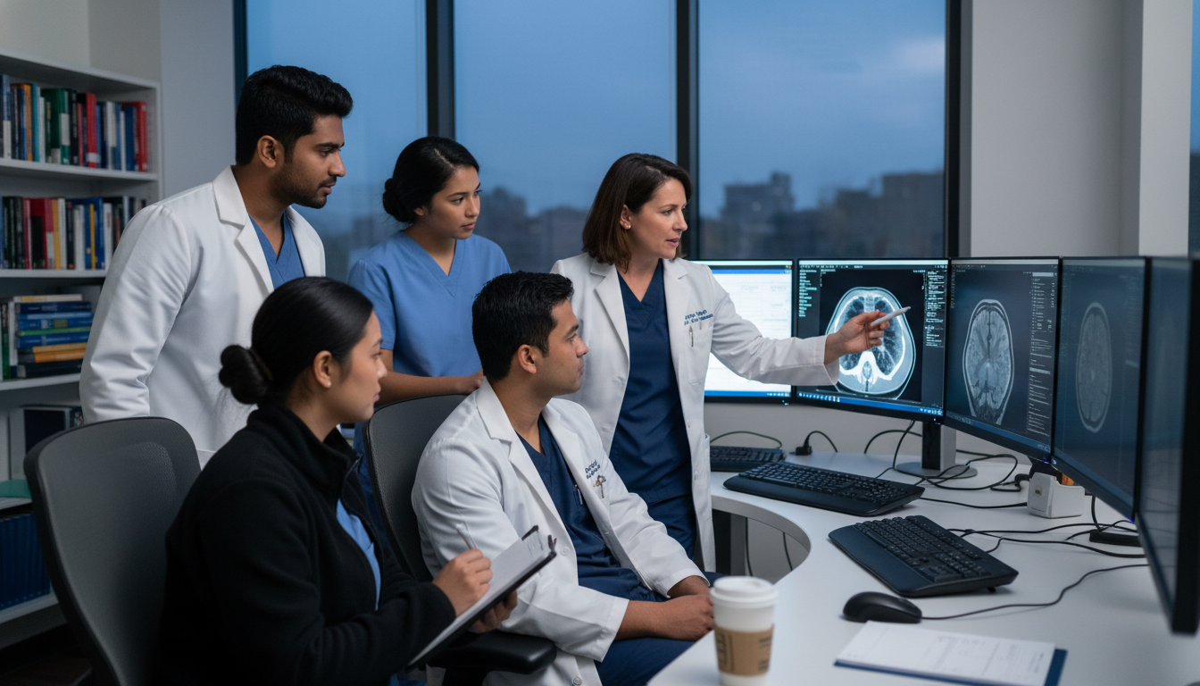 Medical students and radiology residents discussing imaging in a reading room Medical students and radiology residents discussing imaging in a reading room - radiology residency for Networking in Medicin