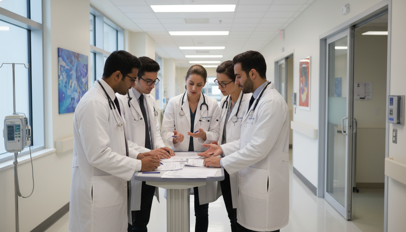 Medical interns discussing patient care on a hospital ward Medical interns discussing patient care on a hospital ward - radiology residency for Preliminary Year Selection in Diagnostic