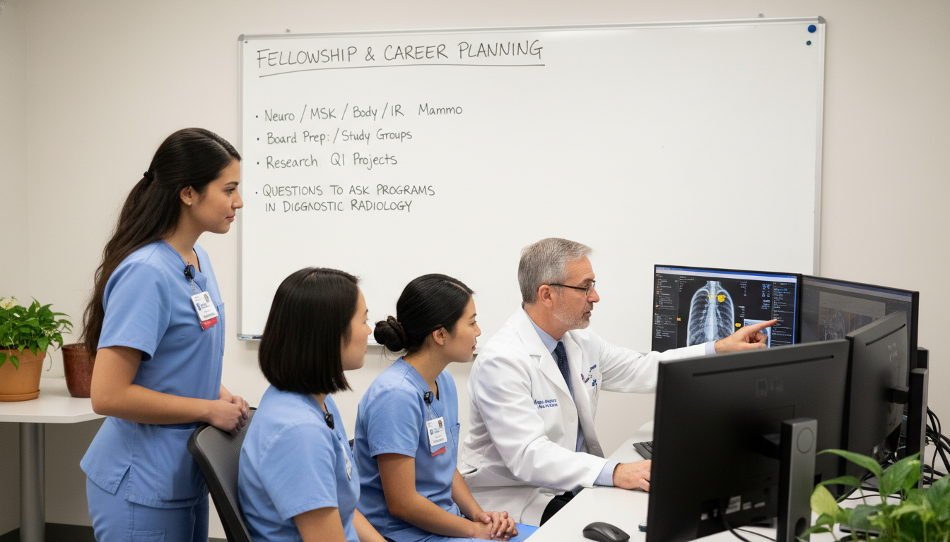 Radiology residents discussing fellowship and career plans - radiology residency for Questions to Ask Programs in Diagnostic