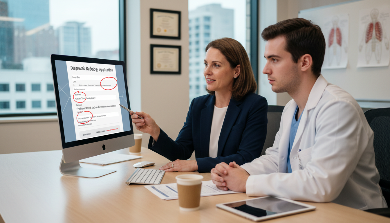 Medical educator reviewing a flagged residency application with a resident Medical educator reviewing a flagged residency application with a resident - radiology residency for Addressing Red Flags in
