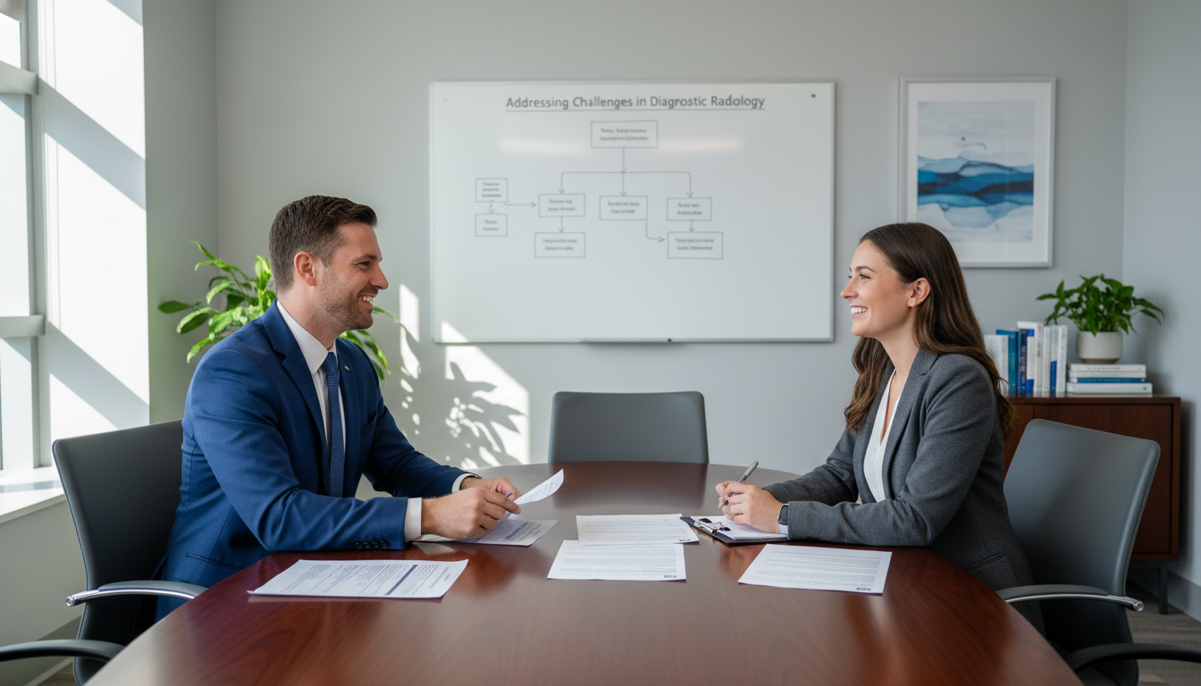 Radiology resident interviewing with program director in a conference room Radiology resident interviewing with program director in a conference room - radiology residency for Addressing Red Flags in