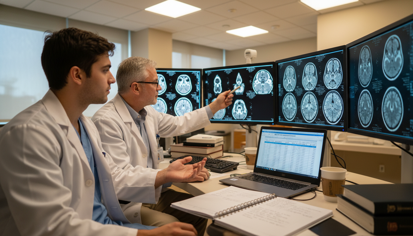 Medical student and radiology mentor discussing research project in front of imaging workstation Medical student and radiology mentor discussing research project in front of imaging workstation - radiology residency for Re