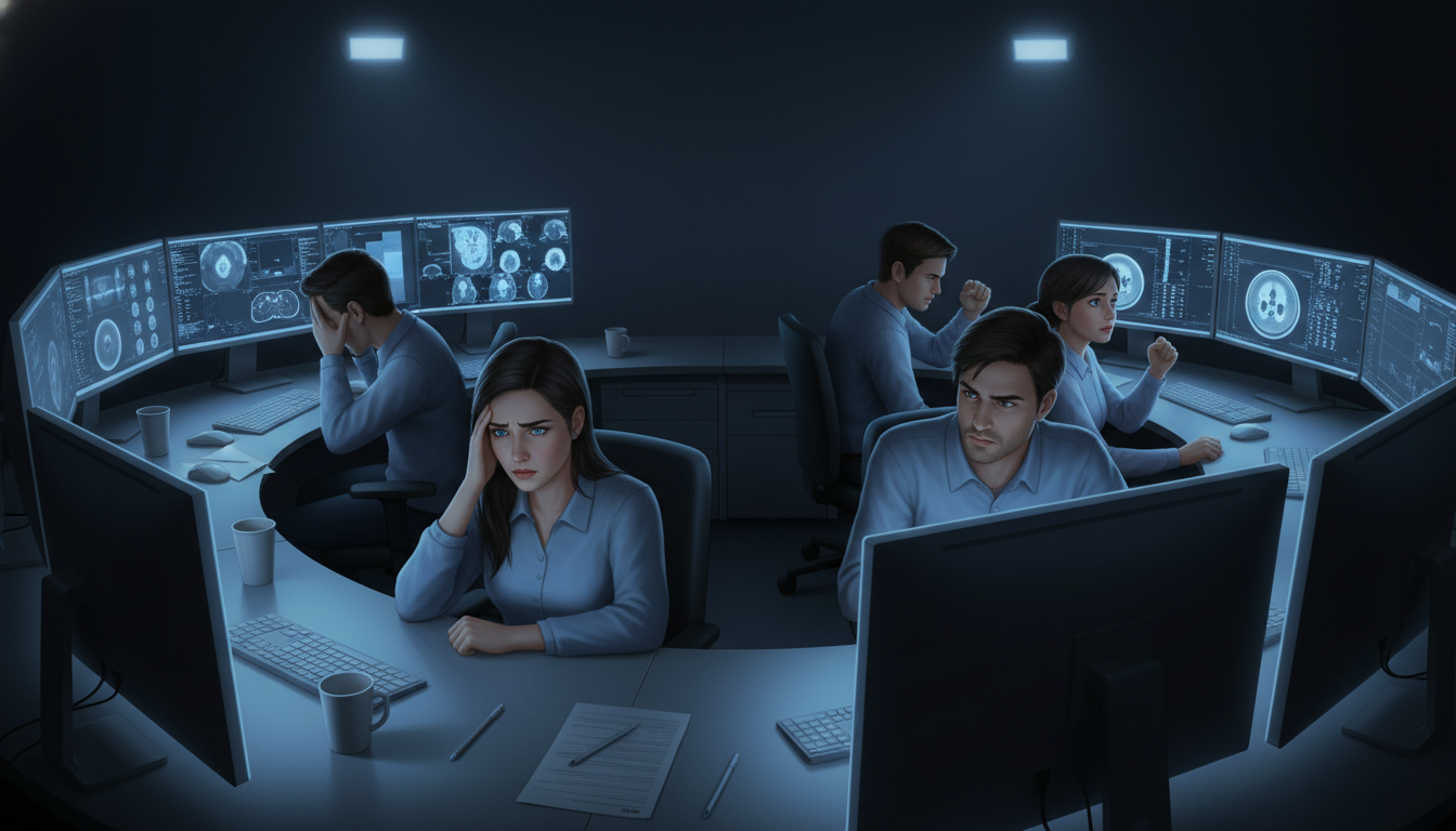 Diagnostic radiology residents in a reading room during a tense moment Diagnostic radiology residents in a reading room during a tense moment - radiology residency for Resident Turnover Warning Si