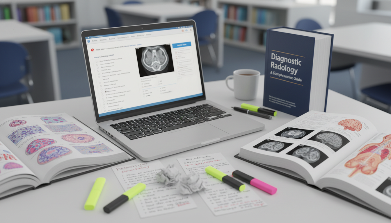 Medical student using question bank on laptop with radiology textbooks nearby - radiology residency for USMLE Step 1 Preparat