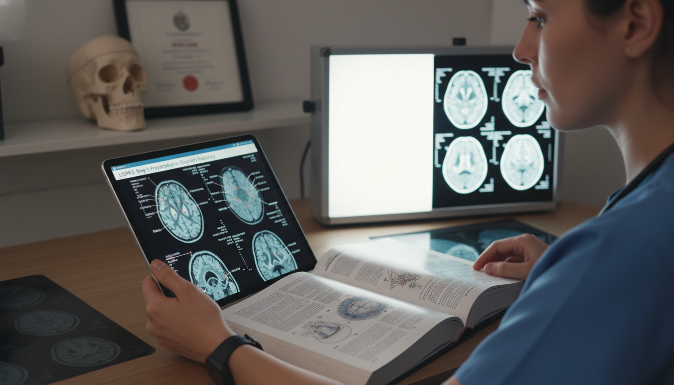 Medical student reviewing neuroanatomy MRI slices on a tablet - radiology residency for USMLE Step 1 Preparation in Diagnosti