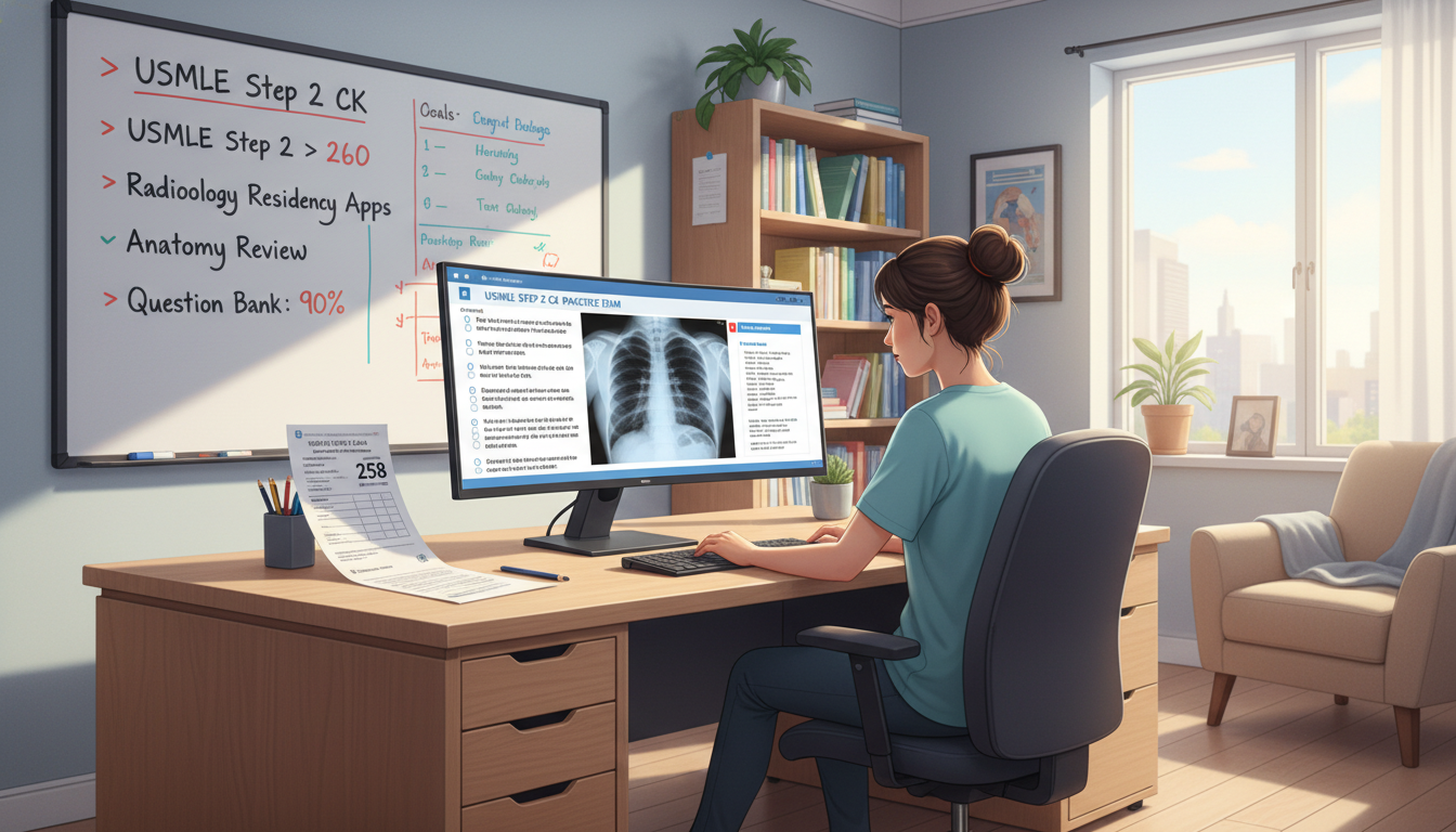 Medical student completing a self-assessment exam on a computer Medical student completing a self-assessment exam on a computer - radiology residency for USMLE Step 2 CK Preparation in Diag