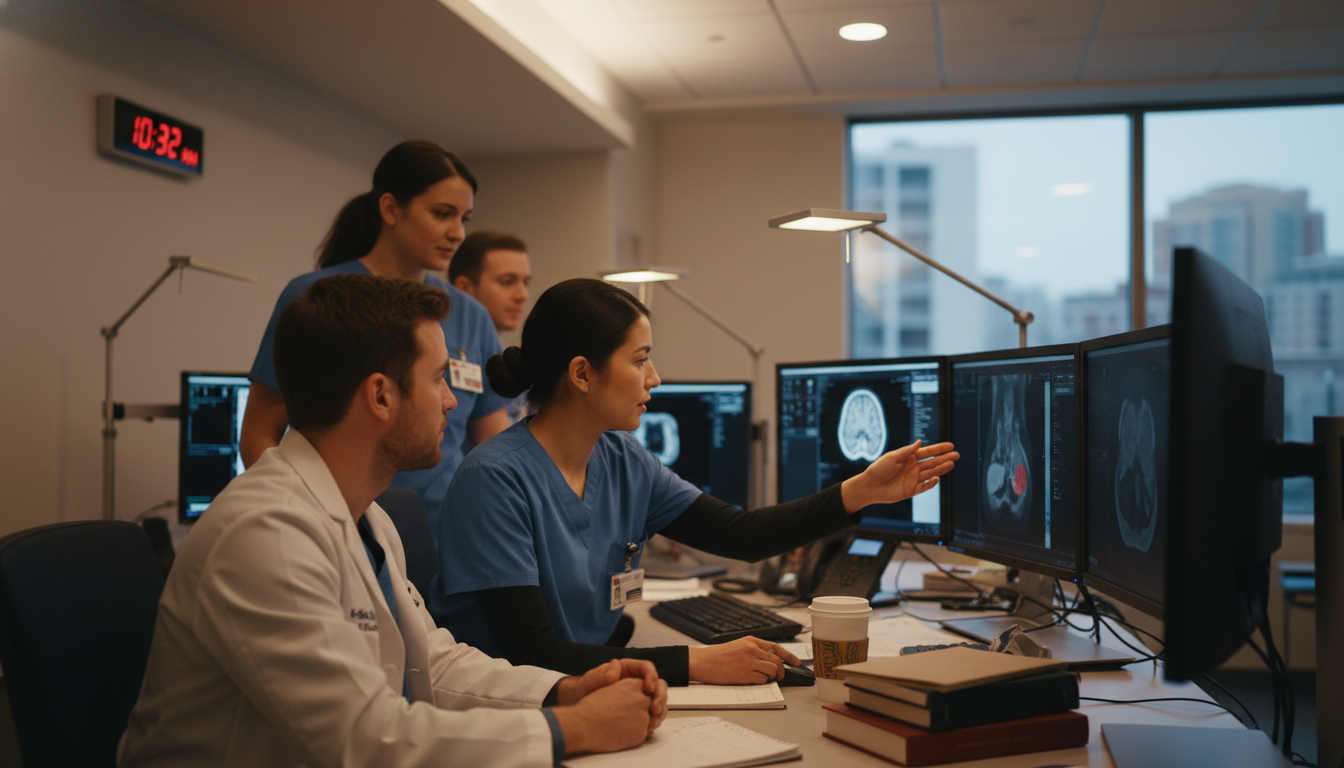 Diagnostic radiology residents working together in a reading room - radiology residency for Managing Residency Work Hours in