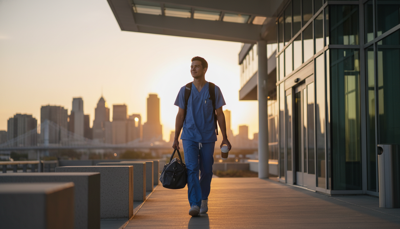Radiology resident leaving hospital at sunset Radiology resident leaving hospital at sunset - radiology residency for Work-Life Balance Assessment in Diagnostic Radiology: