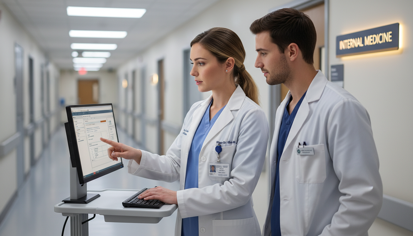 Resident and medical student collaborating on inpatient service during transitional year rotation Resident and medical student collaborating on inpatient service during transitional year rotation - transitional year residen