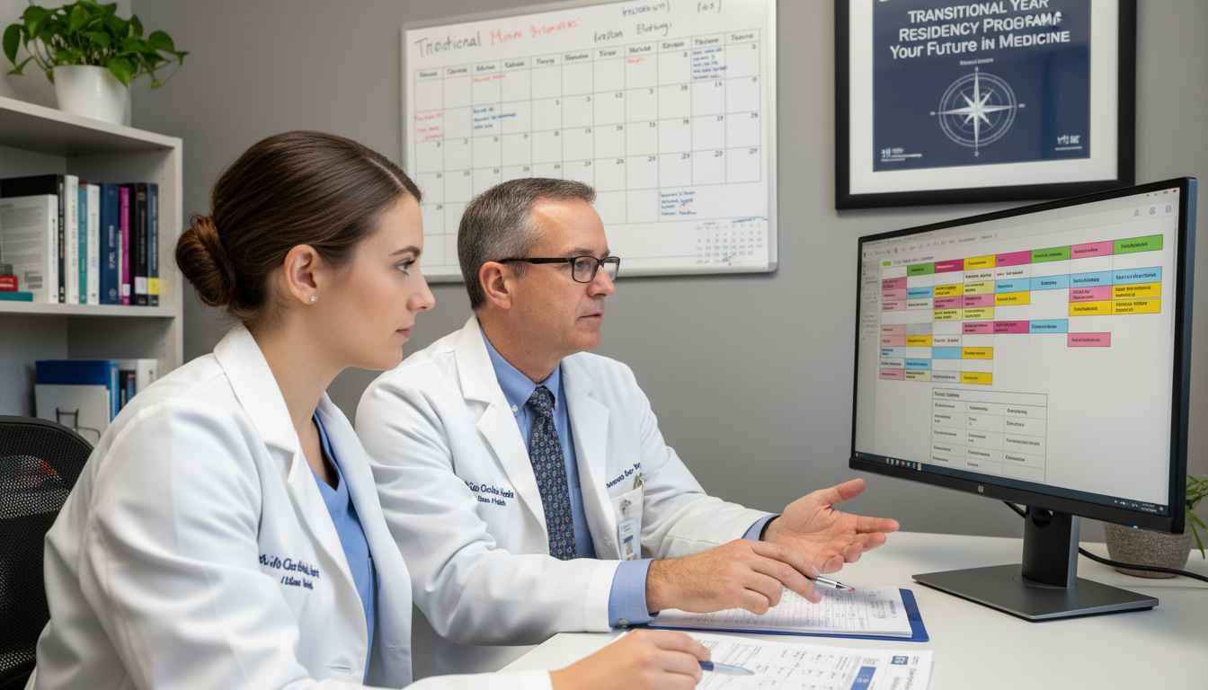 Resident reviewing rotation options with program director Resident reviewing rotation options with program director - transitional year residency for Choosing a Medical Specialty in T