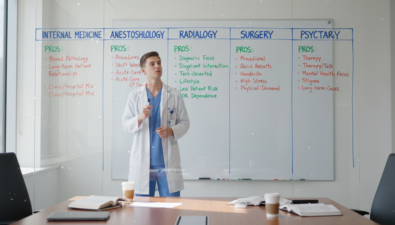 Resident comparing different specialties on a whiteboard Resident comparing different specialties on a whiteboard - transitional year residency for Choosing a Medical Specialty in Tr