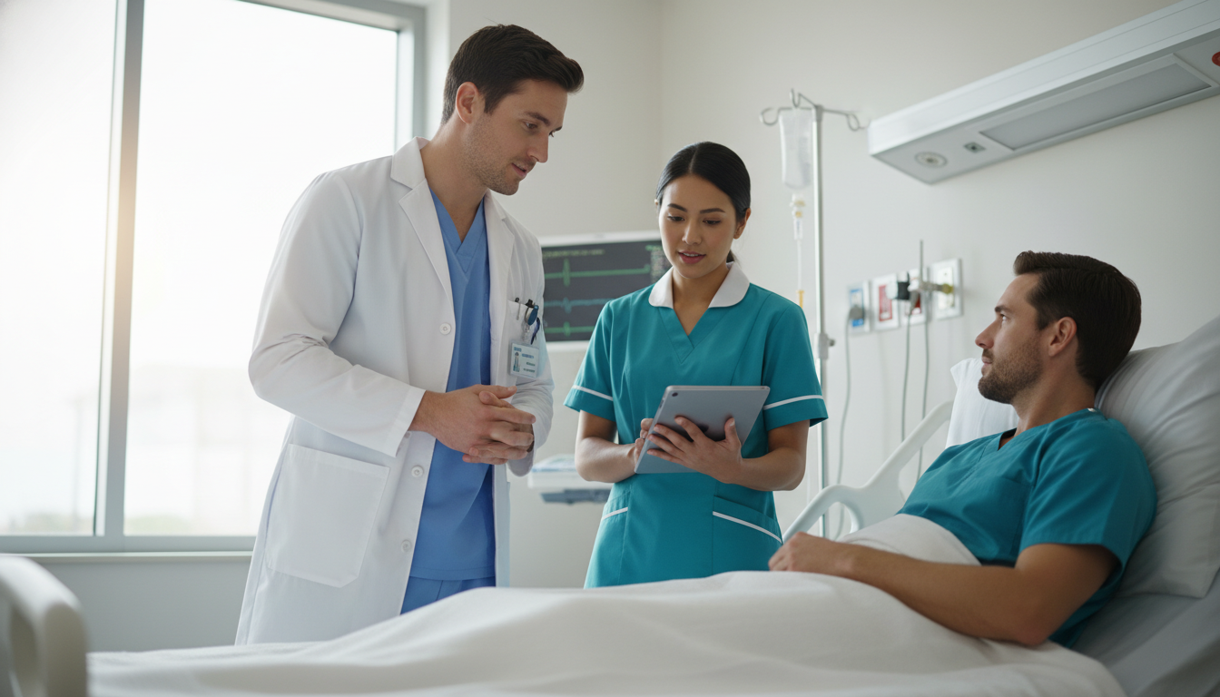 Resident reviewing patient chart with a nurse at the bedside Resident reviewing patient chart with a nurse at the bedside - transitional year residency for Excelling in Clinical Rotation