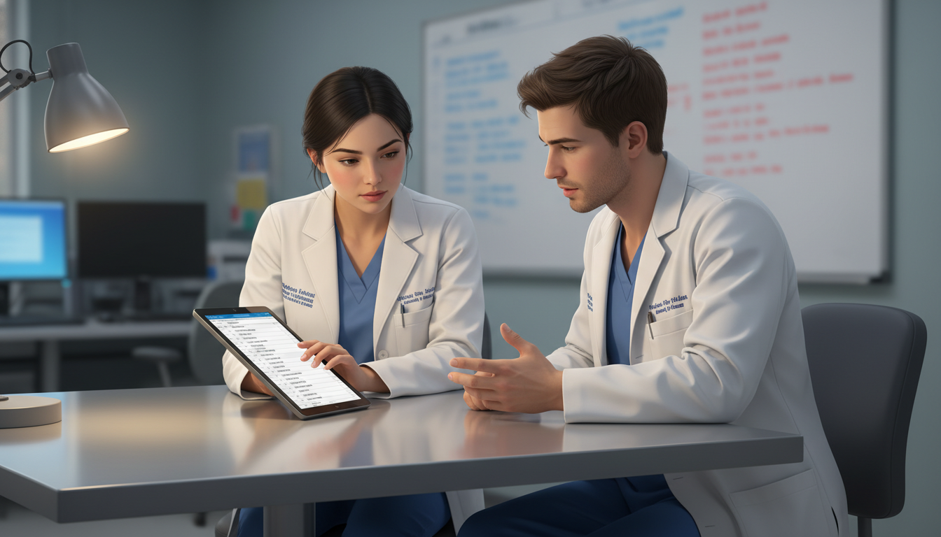 Resident giving sign-out to a colleague using a tablet in the hospital Resident giving sign-out to a colleague using a tablet in the hospital - transitional year residency for Excelling in Clinica