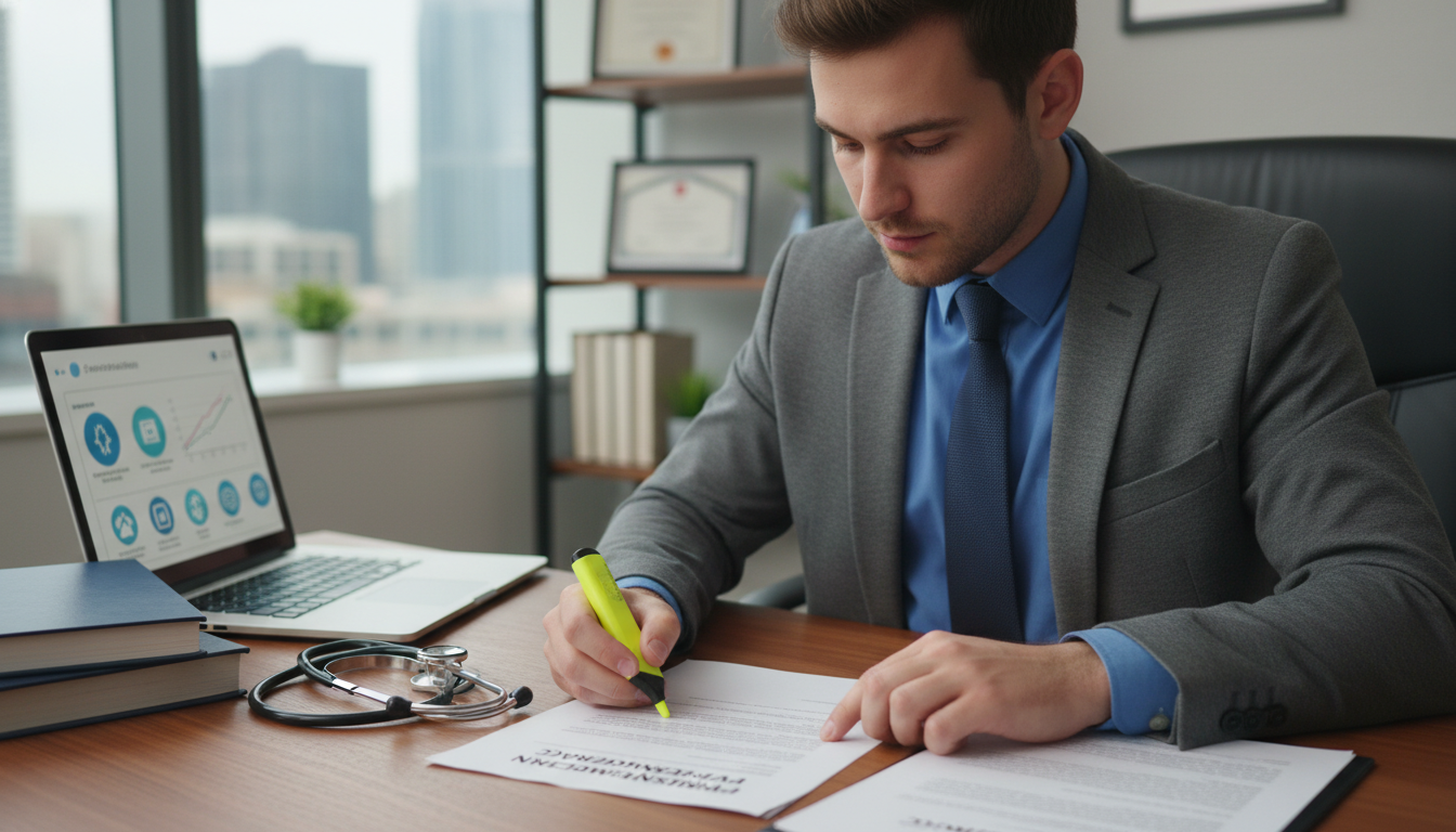 Young physician reviewing an employment contract with highlighted clauses Young physician reviewing an employment contract with highlighted clauses - transitional year residency for Physician Contrac