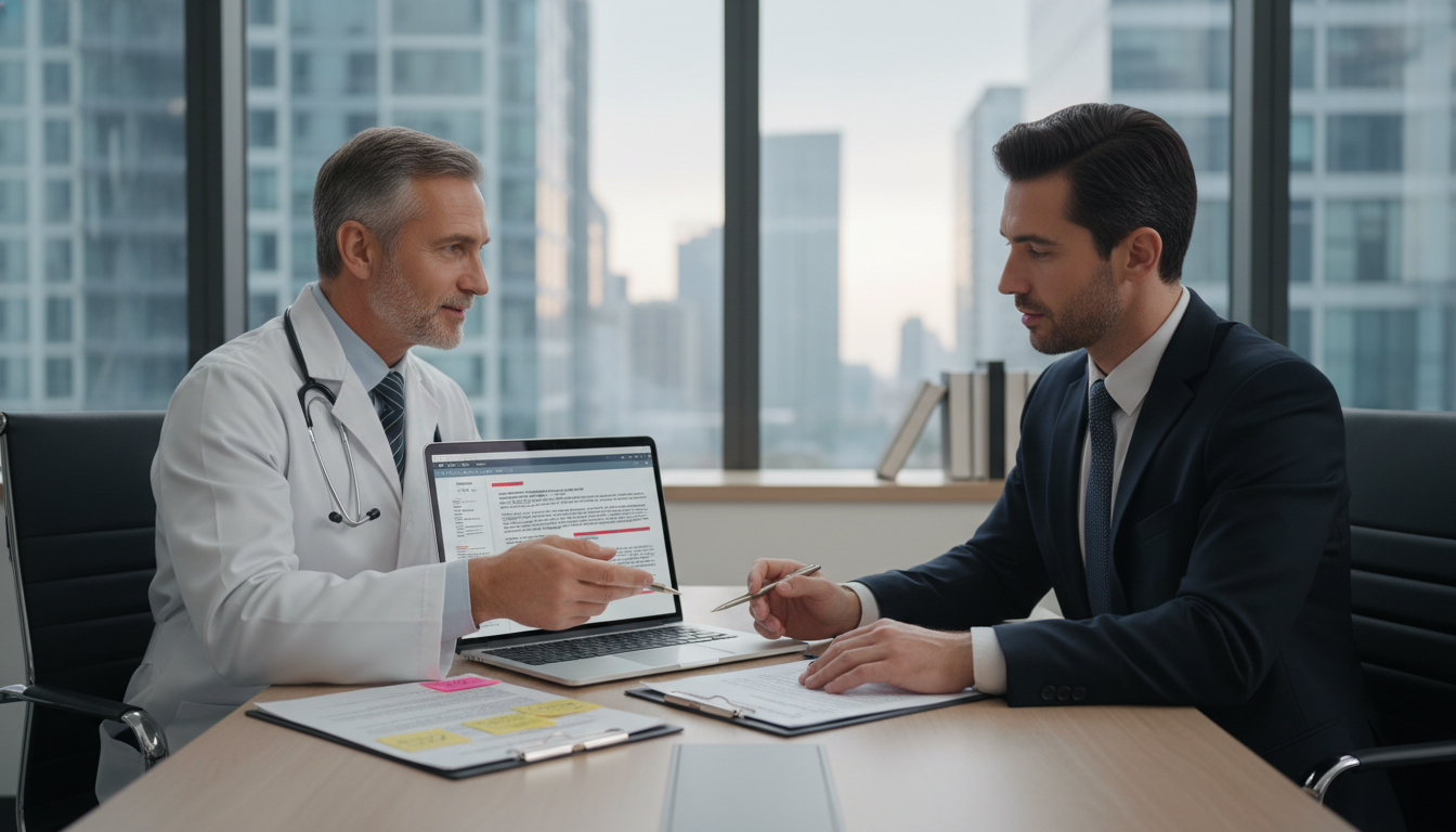 Physician and attorney discussing details of a contract Physician and attorney discussing details of a contract - transitional year residency for Physician Contract Negotiation in T