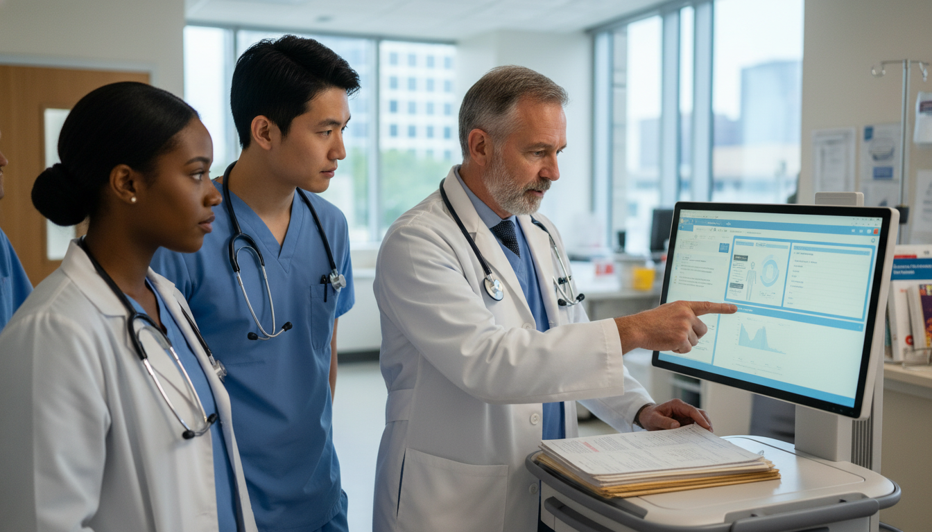 Resident team rounding in hospital ward, discussing patient chart - transitional year residency for CV Building in Transition