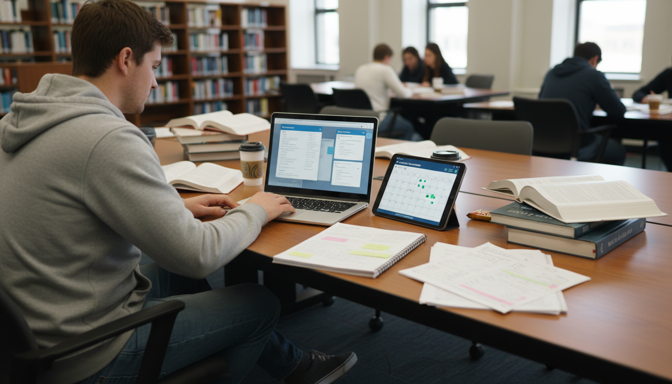 Medical student reviewing notes and digital flashcards in a quiet study space - transitional year residency for Surviving Fir
